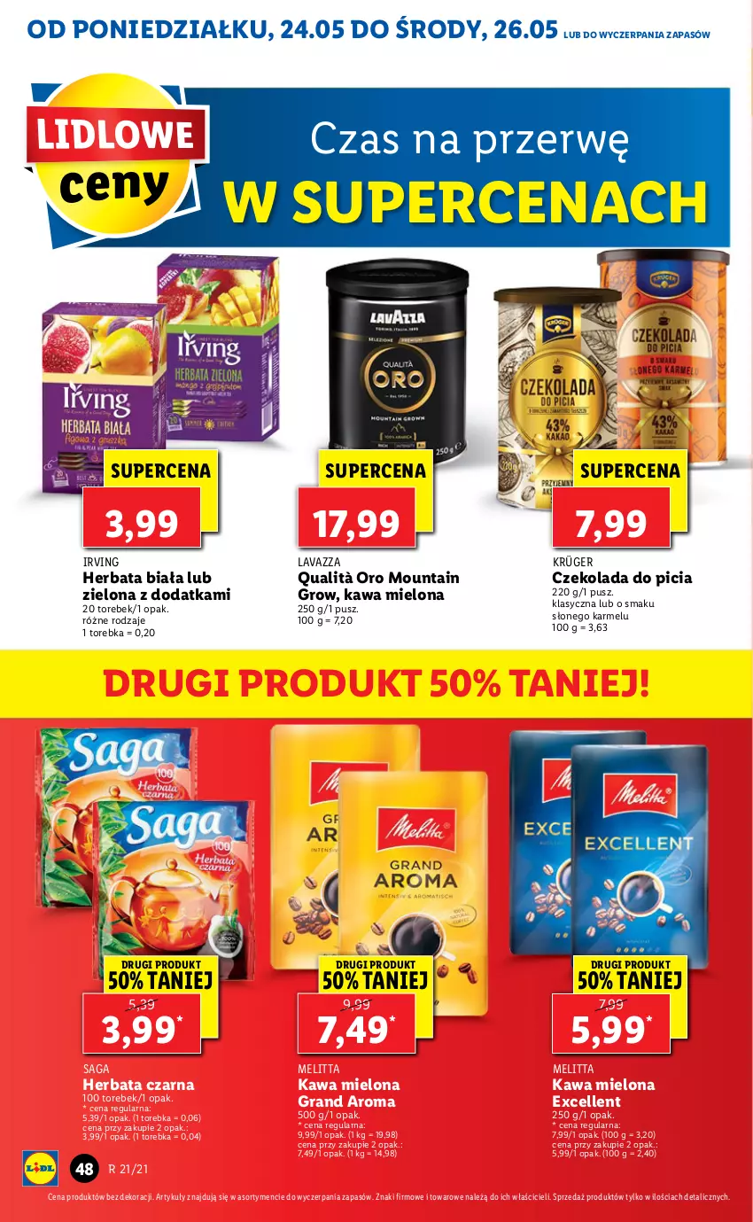 Gazetka promocyjna Lidl - GAZETKA - ważna 24.05 do 26.05.2021 - strona 48 - produkty: Czekolada, Gra, Herbata, Herbata czarna, Irving, Kawa, Kawa mielona, Lavazza, Saga, Torebka