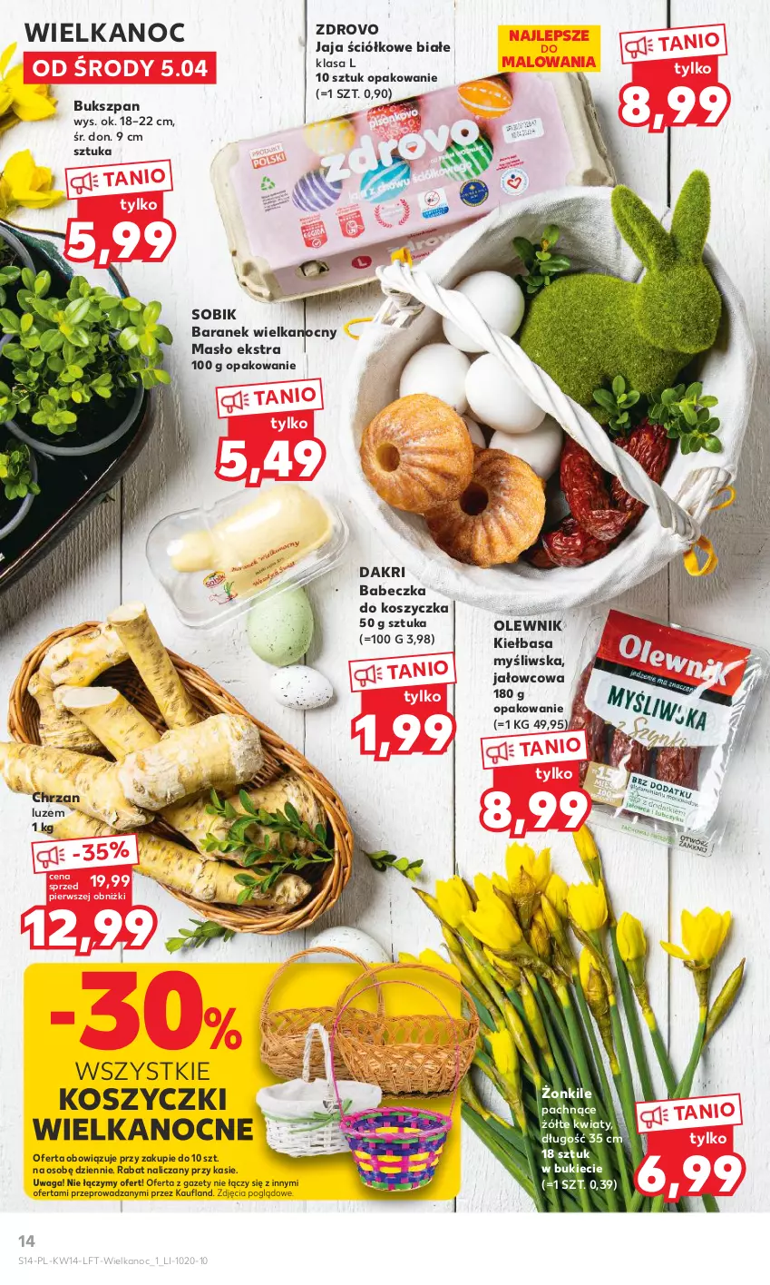 Gazetka promocyjna Kaufland - 5 kwietnia - ważna 05.04 do 12.04.2023 - strona 14 - produkty: Chrzan, Jaja, Kiełbasa, Kosz, Masło, Olewnik, Waga