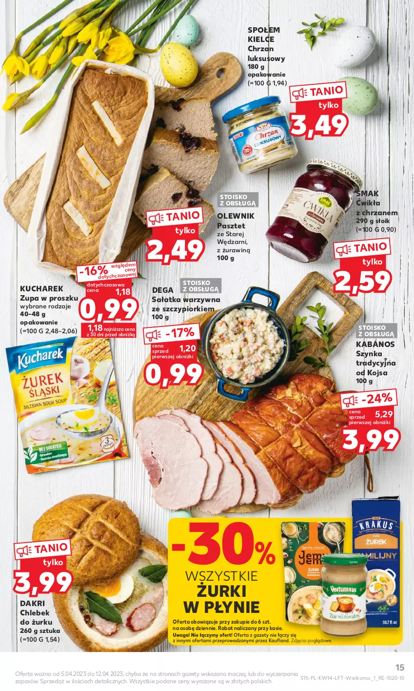 Gazetka promocyjna Kaufland - 5 kwietnia - ważna 05.04 do 12.04.2023 - strona 15 - produkty: Chleb, Chrzan, Dega, Kabanos, Kucharek, Olewnik, Pasztet, Sałat, Sałatka, Sałatka warzywna, Szynka, Waga, Zupa