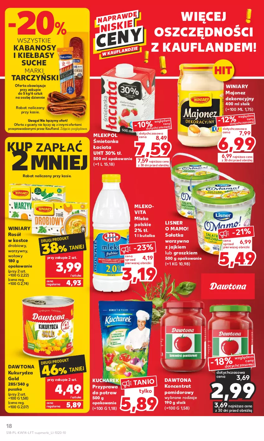 Gazetka promocyjna Kaufland - 5 kwietnia - ważna 05.04 do 12.04.2023 - strona 18 - produkty: Dawtona, Kabanos, Koncentrat pomidorowy, Kucharek, Kukurydza, Lisner, Majonez, Mleko, Mlekovita, Przyprawa do potraw, Rosół, Sałat, Sałatka, Sałatka warzywna, Tarczyński, Waga, Winiary