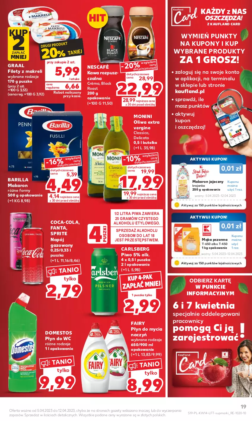 Gazetka promocyjna Kaufland - 5 kwietnia - ważna 05.04 do 12.04.2023 - strona 19 - produkty: Barilla, Carlsberg, Coca-Cola, Do mycia naczyń, Domestos, Fa, Fairy, Fanta, Gin, Gra, Graal, Kawa, Kawa rozpuszczalna, Lack, LEGO, Mąka, Mąka pszenna, Makaron, Monini, Napój, Napój gazowany, Nescafé, Oliwa, Piwa, Piwo, Płyn do mycia, Płyn do mycia naczyń, Płyn do wc, Sprite