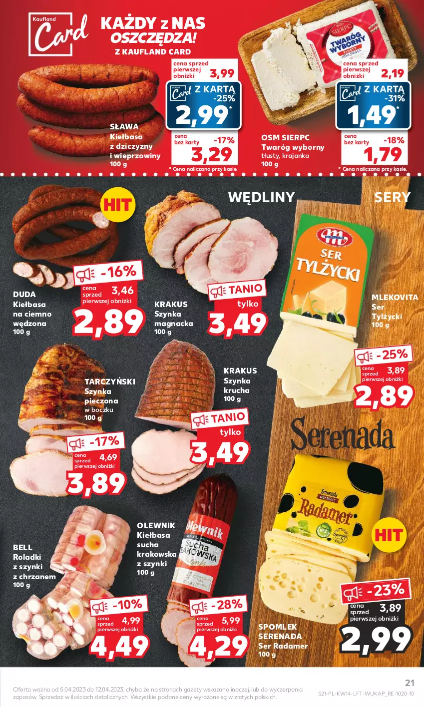 Gazetka promocyjna Kaufland - 5 kwietnia - ważna 05.04 do 12.04.2023 - strona 21 - produkty: Bell, Chrzan, Duda, Kiełbasa, Krakus, Mleko, Mlekovita, Olewnik, Piec, Radamer, Ser, Ser tylżycki, Szynka, Tarczyński, Twaróg