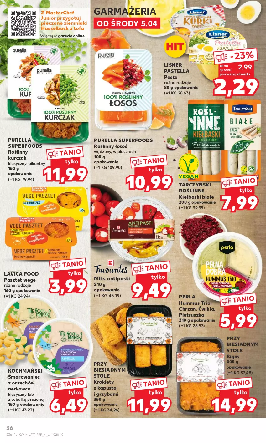 Gazetka promocyjna Kaufland - 5 kwietnia - ważna 05.04 do 12.04.2023 - strona 36 - produkty: Bigos, Chrzan, Hummus, Kapustą, Kiełbaski białe, Koc, Krokiety, Kurczak, Lisner, Mus, Pastella, Pasztet, Piec, Pieczone ziemniaki, Pietruszka, Pur, Purella superfoods, Roślinne kiełbaski, Tarczyński, Tofu, Ziemniaki