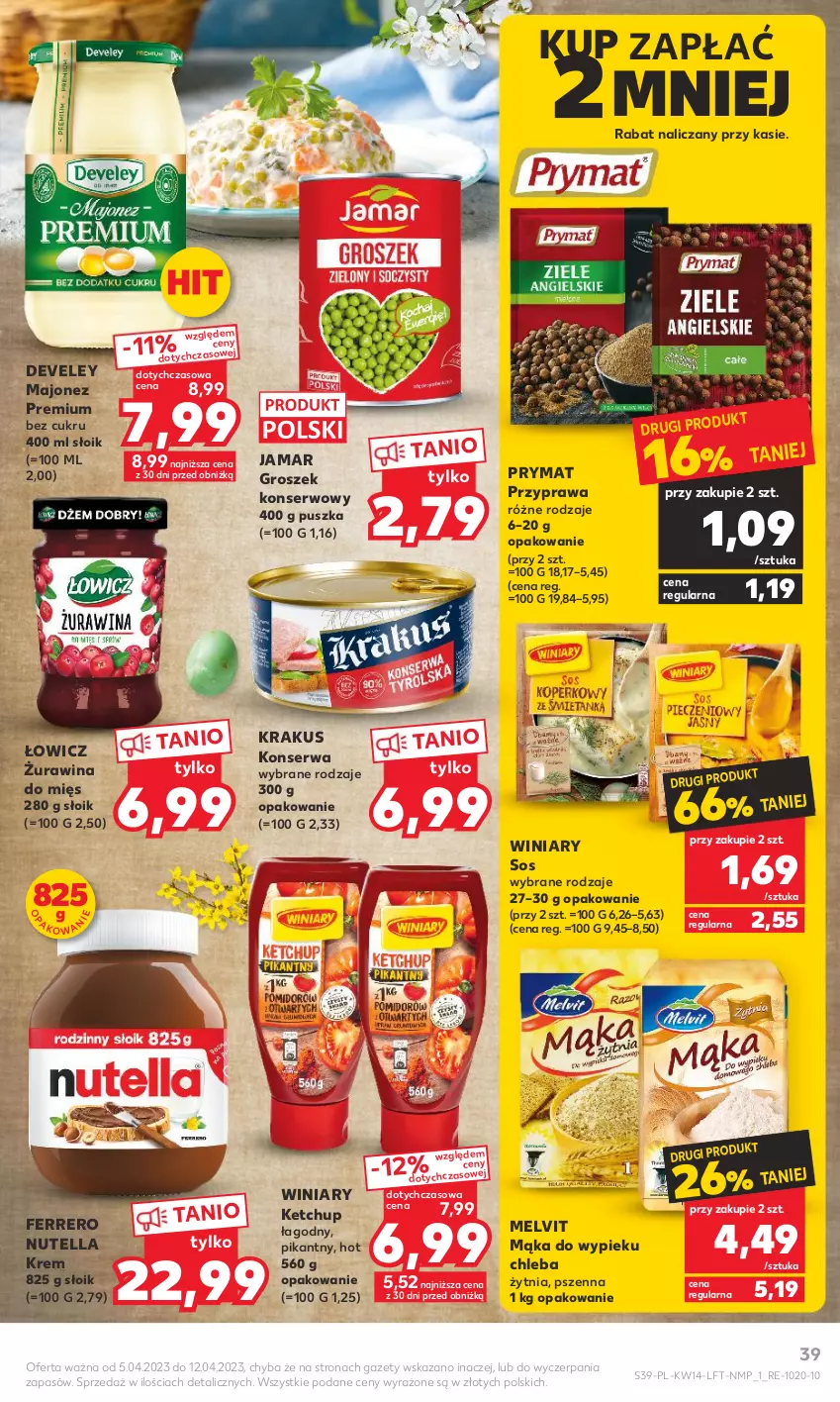 Gazetka promocyjna Kaufland - 5 kwietnia - ważna 05.04 do 12.04.2023 - strona 39 - produkty: Chleb, Ferrero, Groszek, Ketchup, Krakus, Majonez, Mąka, Melvit, Nutella, Prymat, Ser, Sos, Winiary