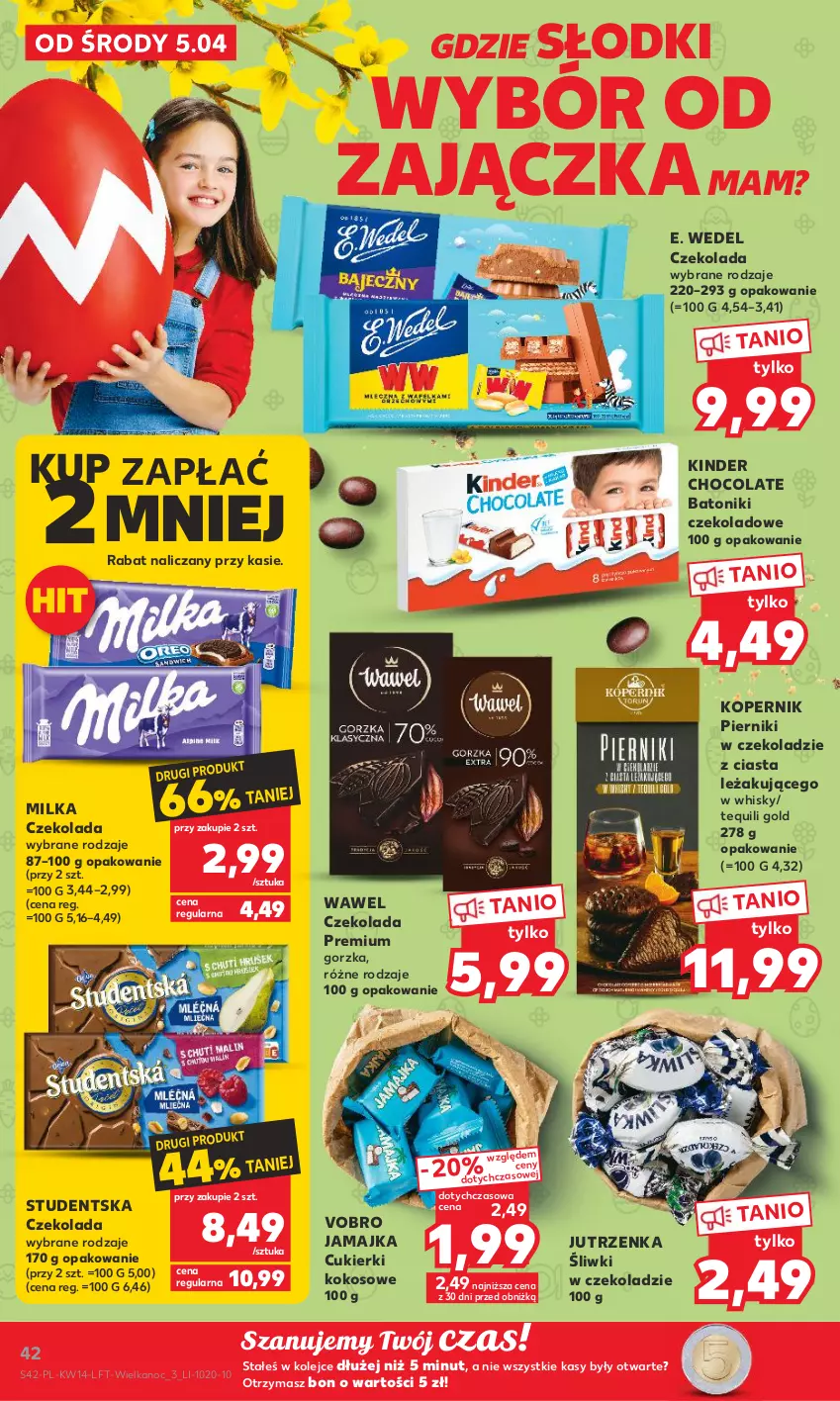 Gazetka promocyjna Kaufland - 5 kwietnia - ważna 05.04 do 12.04.2023 - strona 42 - produkty: Baton, Cukier, Cukierki, Czekolada, E. Wedel, Jutrzenka, Kinder, Kokos, Milka, Olej, Piernik, Pierniki w czekoladzie, Tonik, Wawel, Whisky