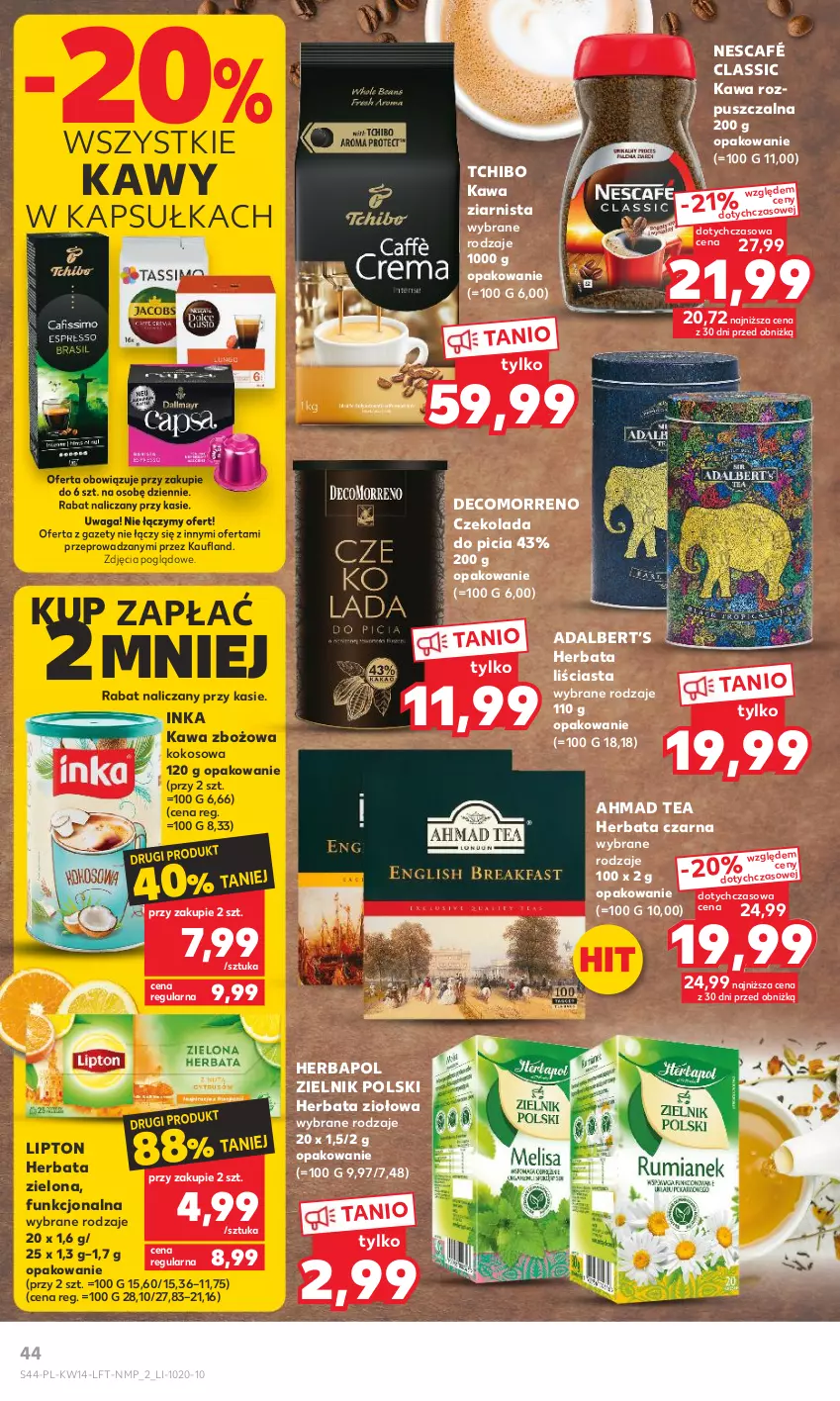 Gazetka promocyjna Kaufland - 5 kwietnia - ważna 05.04 do 12.04.2023 - strona 44 - produkty: Czekolada, Herbapol, Herbata, Herbata czarna, Inka, Kawa, Kawa rozpuszczalna, Kawa zbożowa, Kawa ziarnista, Kokos, Lipton, Nescafé, Tchibo, Waga