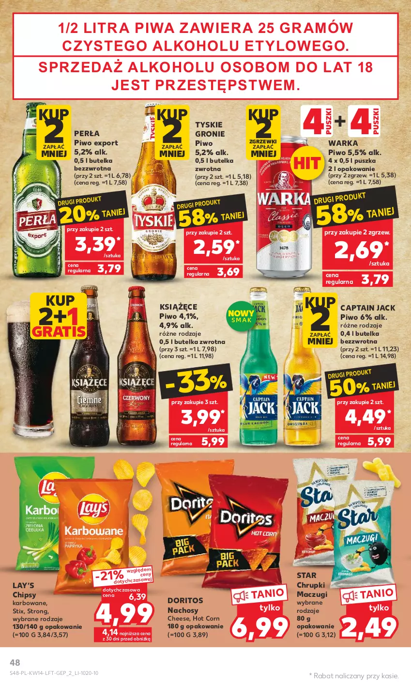 Gazetka promocyjna Kaufland - 5 kwietnia - ważna 05.04 do 12.04.2023 - strona 48 - produkty: Captain Jack, Chipsy, Chrupki, Gra, Książęce, Lay’s, Perła, Piwa, Piwo, Por, Tyskie, Warka