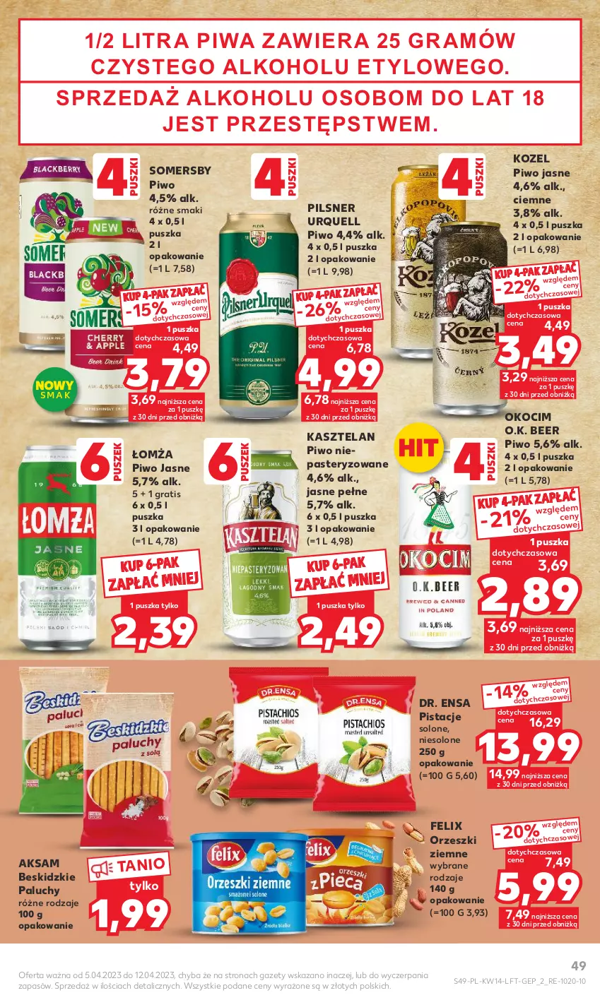 Gazetka promocyjna Kaufland - 5 kwietnia - ważna 05.04 do 12.04.2023 - strona 49 - produkty: Aksam, Beskidzki, Felix, Gra, Kasztelan, Koc, Kozel, Okocim, Orzeszki, Orzeszki ziemne, Pilsner Urquell, Pistacje, Piwa, Piwo, Piwo jasne, Somersby