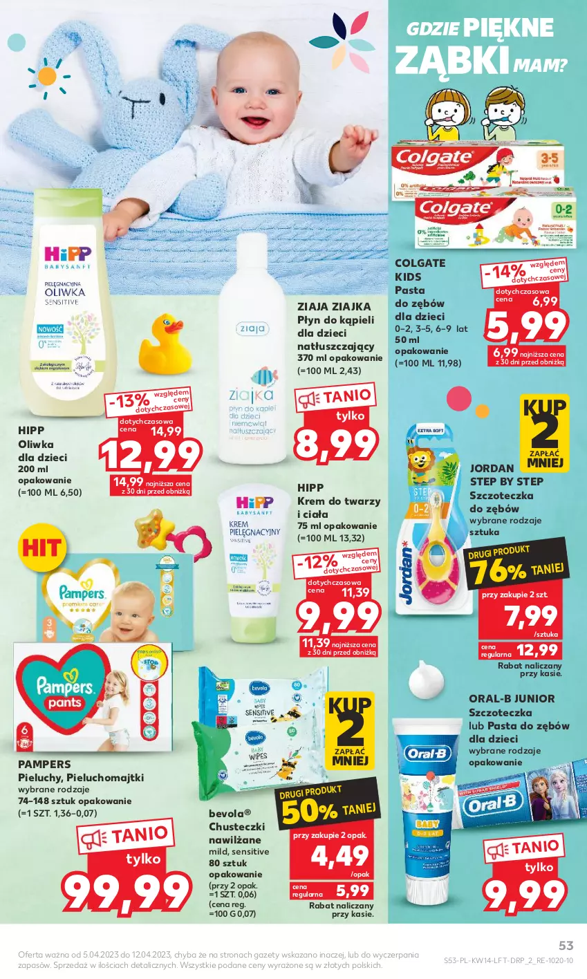 Gazetka promocyjna Kaufland - 5 kwietnia - ważna 05.04 do 12.04.2023 - strona 53 - produkty: Chusteczki, Colgate, Dzieci, HiPP, Krem do twarzy, LG, Majtki, Oliwka dla dzieci, Pampers, Pasta do zębów, Pieluchomajtki, Pieluchy, Płyn do kąpieli, Szczoteczka, Szczoteczka do zębów, Ziaja, Ziajka