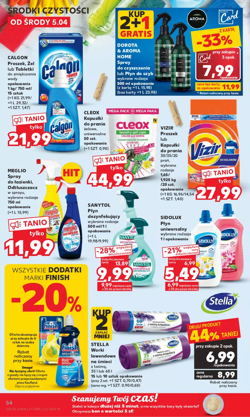 Gazetka promocyjna Kaufland - 5 kwietnia - ważna 05.04 do 12.04.2023 - strona 54 - produkty: Calgon, Finish, Gra, Kapsułki do prania, LG, Odtłuszczacz, Olej, Płyn do szyb, Sanytol, Sidolux, Spray do czyszczenia, Tablet, Vizir, Waga