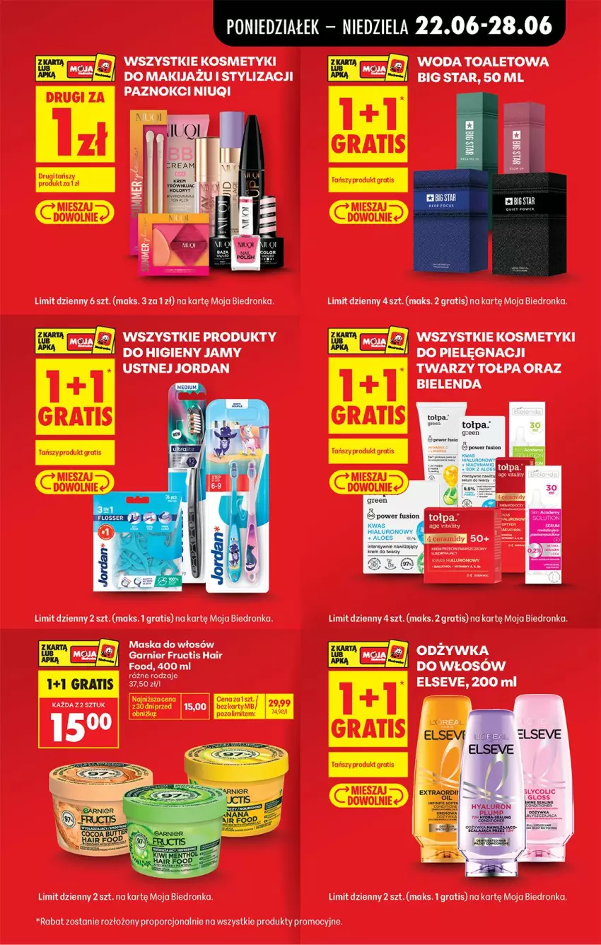 Gazetka promocyjna Biedronka - Od Poniedziałku - ważna 22.06 do 28.06.2026 - strona 19 - produkty: Bielenda, Elseve, Fructis, Garnier, Gra, Makijaż, Maska, Maska do włosów, Niuqi, Odżywka, Por, Tołpa, Woda, Woda toaletowa