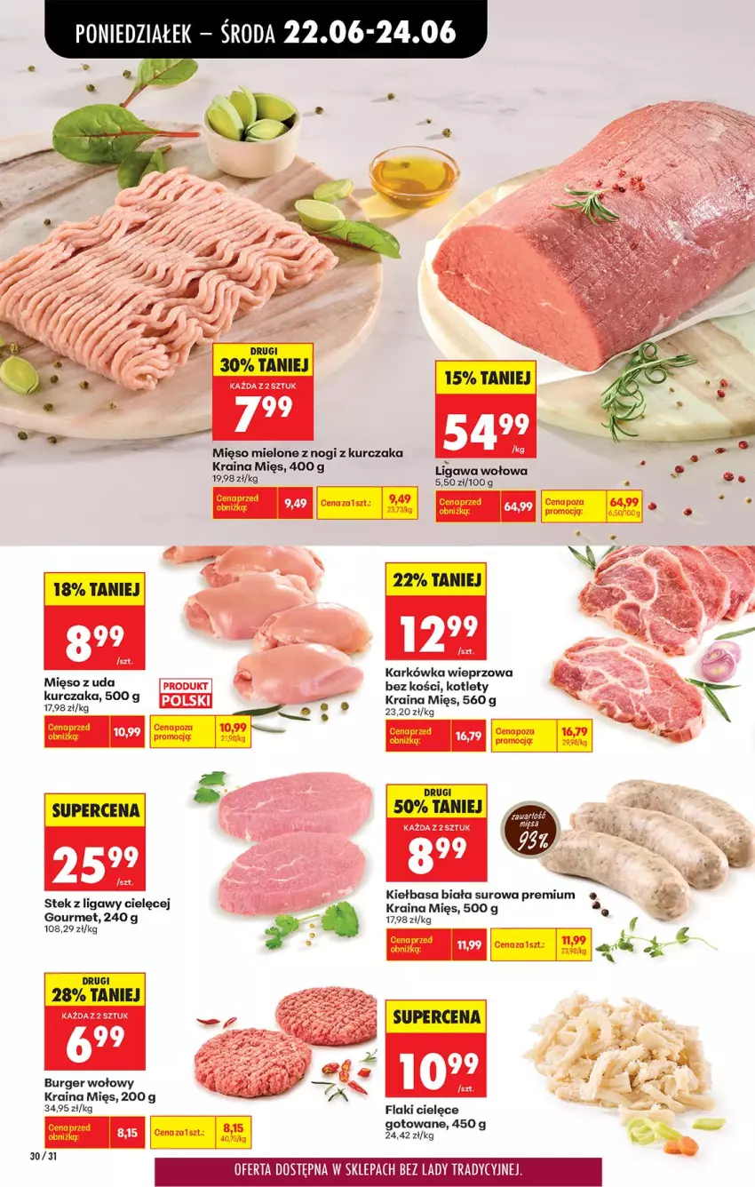 Gazetka promocyjna Biedronka - Od Poniedziałku - ważna 22.06 do 28.06.2026 - strona 40 - produkty: Burger, Karkówka wieprzowa, Kiełbasa, Kiełbasa biała, Kotlet, Kurczak, Mięso, Mięso mielone, Stek