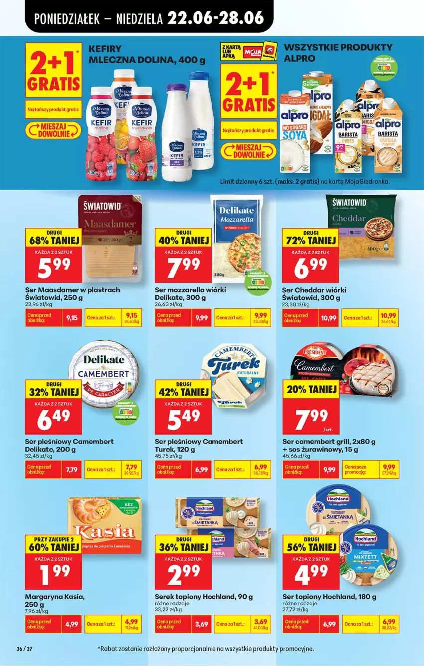 Gazetka promocyjna Biedronka - Od Poniedziałku - ważna 22.06 do 28.06.2026 - strona 48 - produkty: Camembert, Cheddar, Gra, Grill, Hochland, HP, Kasia, Kefir, Maasdam, Margaryna, Mozzarella, Por, Ser, Ser pleśniowy, Ser topiony, Serek, Sos, Top, Wino