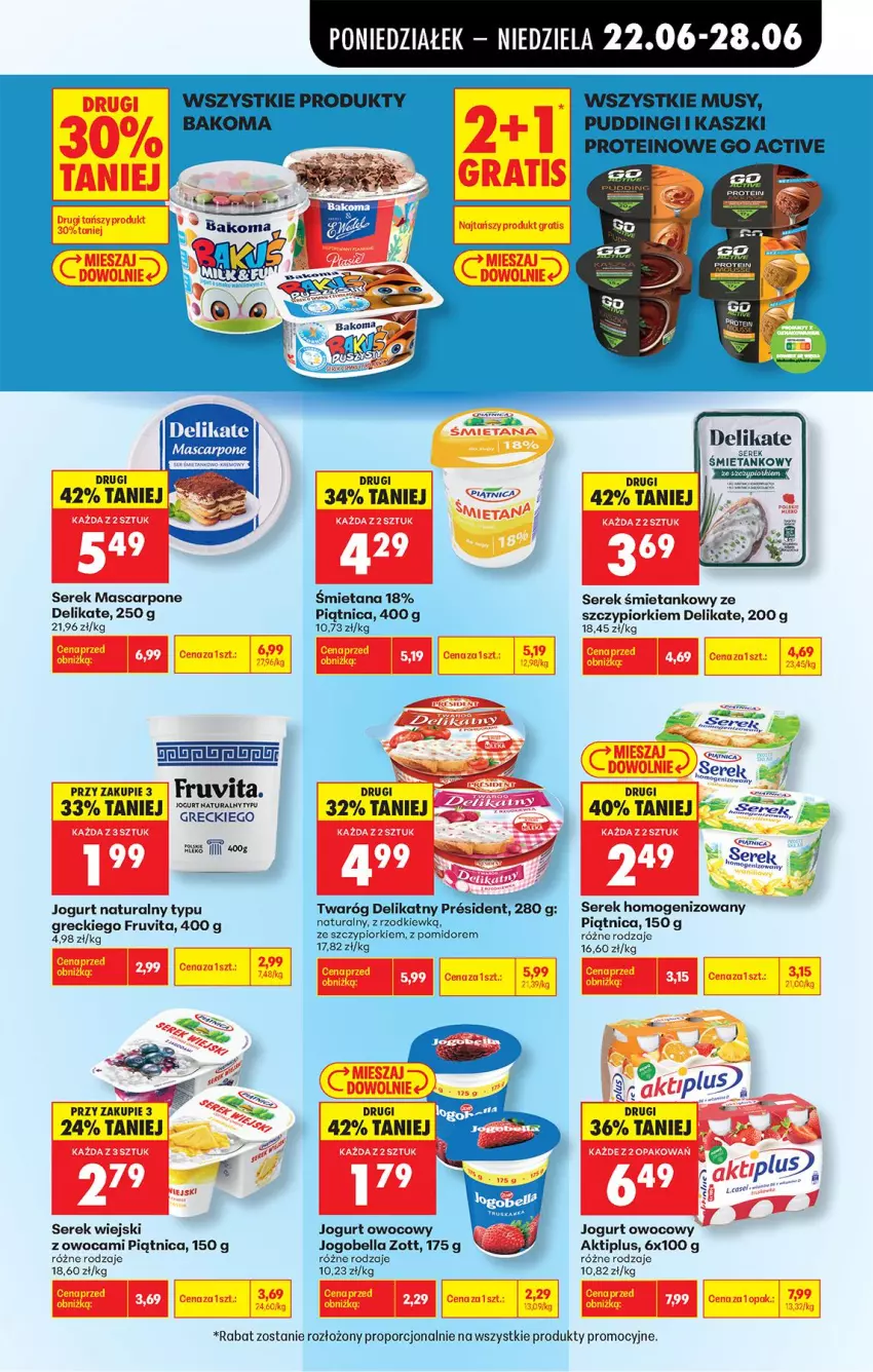 Gazetka promocyjna Biedronka - Od Poniedziałku - ważna 22.06 do 28.06.2026 - strona 49 - produkty: Aktiplus, Bell, Bella, Fa, Jogobella, Jogurt, Jogurt naturalny, Jogurt owocowy, Mascarpone, Piątnica, Por, Ser, Serek, Serek homogenizowany, Serek wiejski, Zott