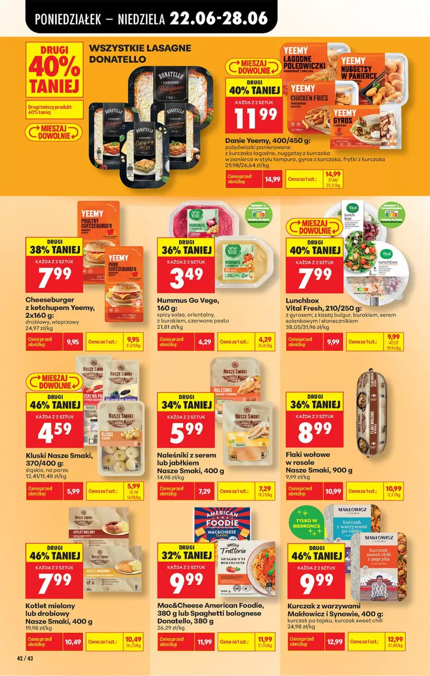 Gazetka promocyjna Biedronka - Od Poniedziałku - ważna 22.06 do 28.06.2026 - strona 56 - produkty: Bulgur, Buraki, Burger, Flaki, Flaki wołowe, Frytki, Gyros, Hummus, Ketchup, Kotlet, Kurczak, Lasagne, LG, Mus, Naleśniki, Pesto, Polędwiczki panierowane, Por, Pur, Salsa, Ser, Solan, Spaghetti, Warzywa