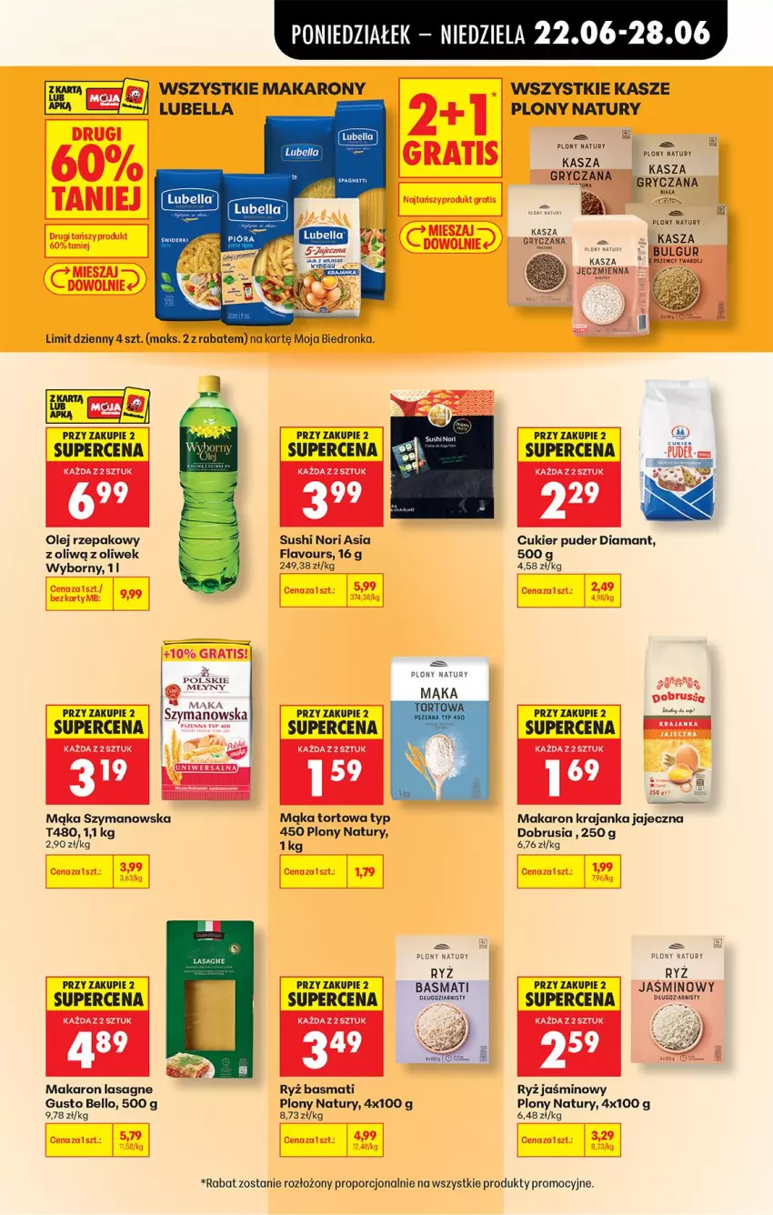 Gazetka promocyjna Biedronka - Od Poniedziałku - ważna 22.06 do 28.06.2026 - strona 57 - produkty: Bell, Bella, Cukier, Cukier puder, Diamant, Fa, Gra, Kasza, Lasagne, Lubella, Mąka, Mąka tortowa, Makaron, Obrus, Olej, Olej rzepakowy, Por, Puder, Ryż, Ryż basmati, Sushi