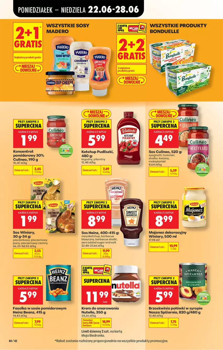 Gazetka promocyjna Biedronka - Od Poniedziałku - ważna 22.06 do 28.06.2026 - strona 62 - produkty: Bonduelle, Brzoskwinie, Fa, Gra, Heinz, Ketchup, Koncentrat pomidorowy, Majonez, Nutella, Piec, Por, Pudliszki, Sól, Sos, Spaghetti, Syrop, Tago, Winiary
