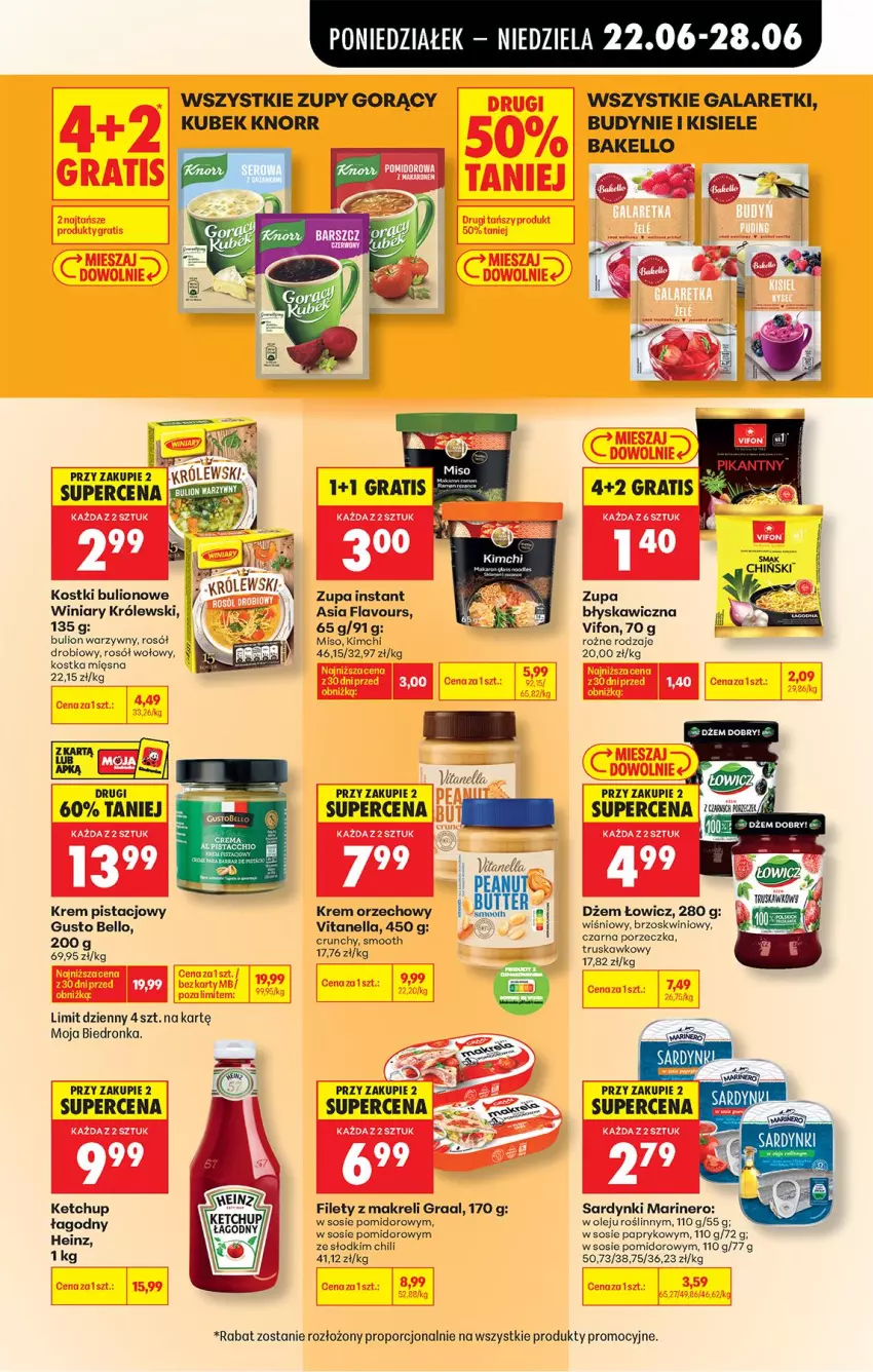 Gazetka promocyjna Biedronka - Od Poniedziałku - ważna 22.06 do 28.06.2026 - strona 63 - produkty: Bell, Bulion, Dżem, Gala, Galaretki, Gra, Graal, Ketchup, Kisiel, Knorr, Krem orzechowy, Krem pistacjowy, Kubek, LG, Lion, Olej, Por, Rosół, Rosół drobiowy, Rosół wołowy, Sardynki, Sos, Winiary, Zupa