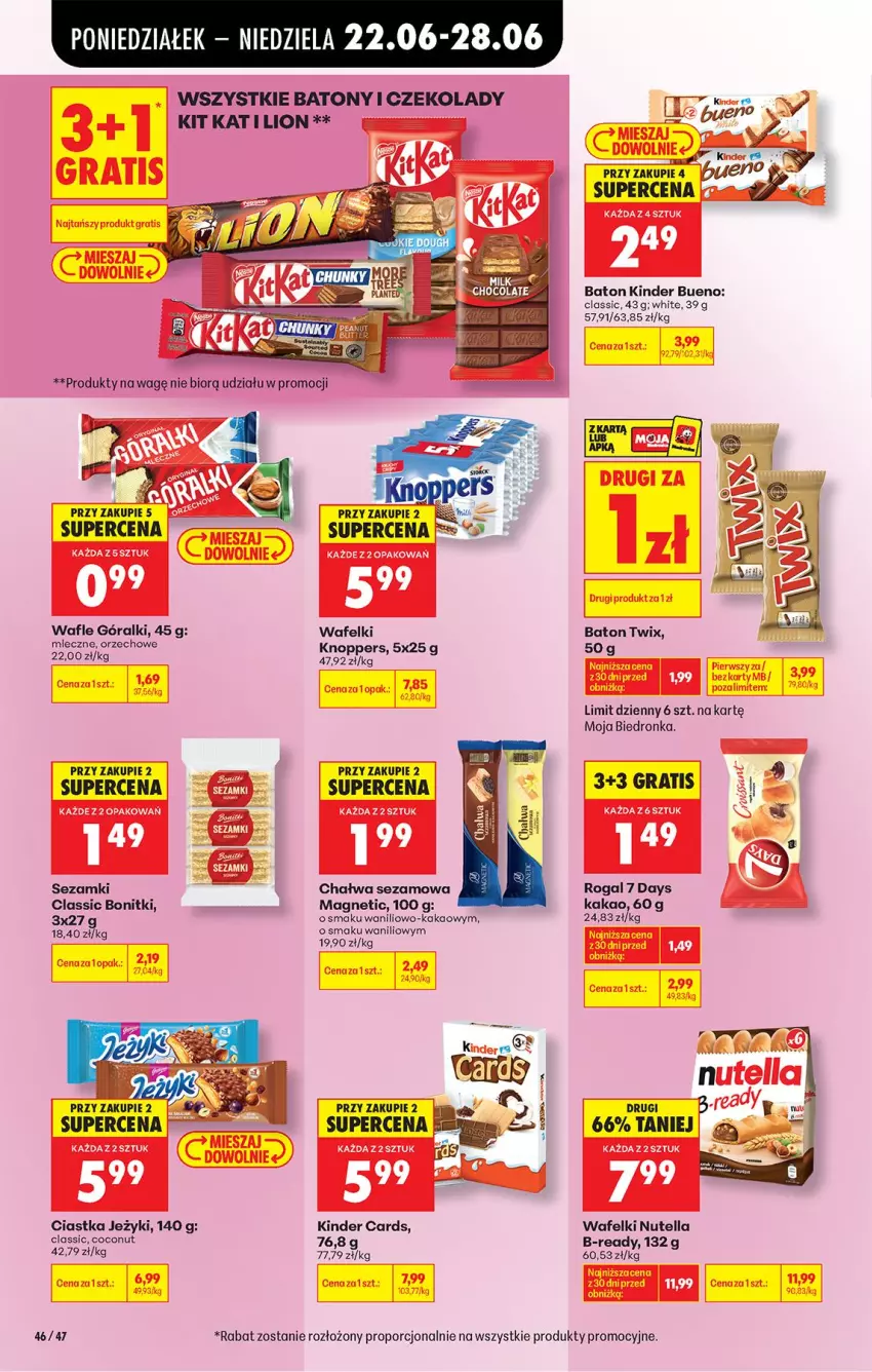 Gazetka promocyjna Biedronka - Od Poniedziałku - ważna 22.06 do 28.06.2026 - strona 66 - produkty: 7 Days, Baton, Bonitki, Chałwa, Ciastka, Gra, Jeżyki, K2, Kakao, Kinder, Kinder Bueno, Kit Kat, Lion, Miecz, Nutella, Por, Rogal, Sezam, Twix
