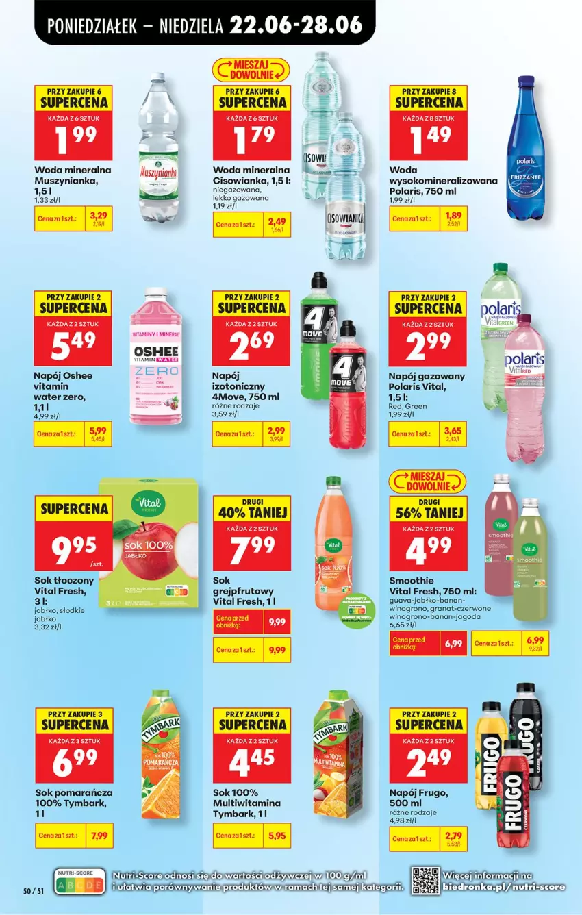 Gazetka promocyjna Biedronka - Od Poniedziałku - ważna 22.06 do 28.06.2026 - strona 76 - produkty: Cisowianka, Gra, Granat, Grejpfrut, Mus, Muszynianka, Napój, Napój gazowany, Oshee, Smoothie, Sok, Tymbark, Wino, Woda, Woda mineralna