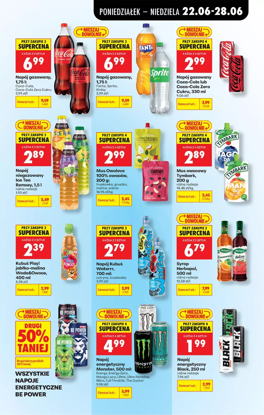 Gazetka promocyjna Biedronka - Od Poniedziałku - ważna 22.06 do 28.06.2026 - strona 77 - produkty: Coca-Cola, Fa, Fanta, Full Throttle, Herbapol, Ice tea, Lack, Mango, Mus, Napój, Napój energetyczny, Napój gazowany, Napój niegazowany, Napoje, Owoce, Sprite, Syrop, Tymbark, Woda