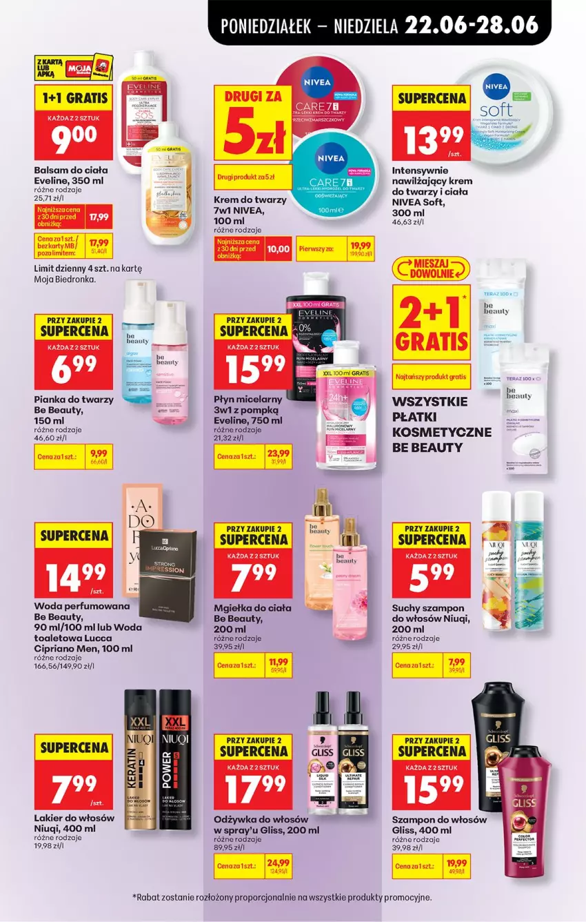 Gazetka promocyjna Biedronka - Od Poniedziałku - ważna 22.06 do 28.06.2026 - strona 83 - produkty: Balsam do ciała, Be Be, Eveline, Fa, Feta, Gra, Krem do twarzy, Lakier, Lakier do włosów, LG, Nivea, Odżywka, Perfum, Por, Suchy szampon, Szampon, Tera, Woda, Woda perfumowana, Woda toaletowa