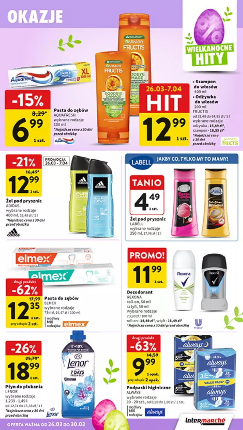 Gazetka promocyjna Intermarche - Gazetka promocyjna - ważna 26.03 do 30.03.2026 - strona 43 - produkty: Adidas, Always, Bell, Dezodorant, Gin, Lenor, Pasta do zębów, Płyn do płukania, Podpaski, Rexona