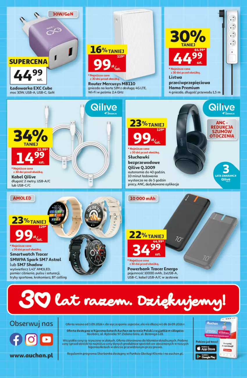Gazetka promocyjna Auchan - 30 Lat Hipermarket Auchan Student - ważna 03.09 do 09.09.2026 - strona 2 - produkty: Acer, Amol, Gra, Hama, Kabel USB, Krokomierz, Listwa, Por, Powerbank, Router, Słuchawki, Słuchawki bezprzewodowe, Smartwatch, Sport, Warka