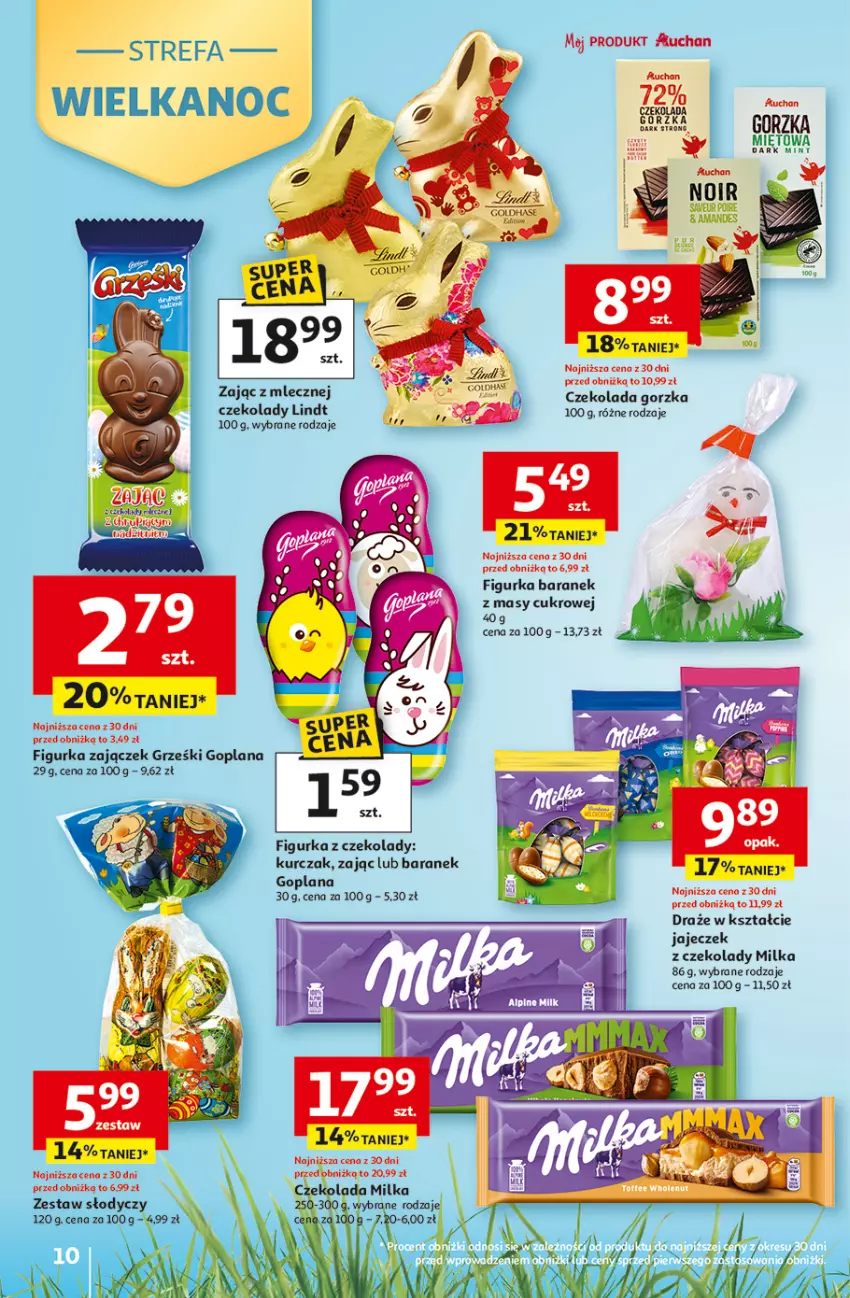 Gazetka promocyjna Auchan - 30 Lat Hipermarket - ważna 26.03 do 30.03.2026 - strona 10 - produkty: Czekolada, Czekolada gorzka, Figurka z czekolady, Goplana, Grześki, Kurczak, LANA, Lindt, Milka