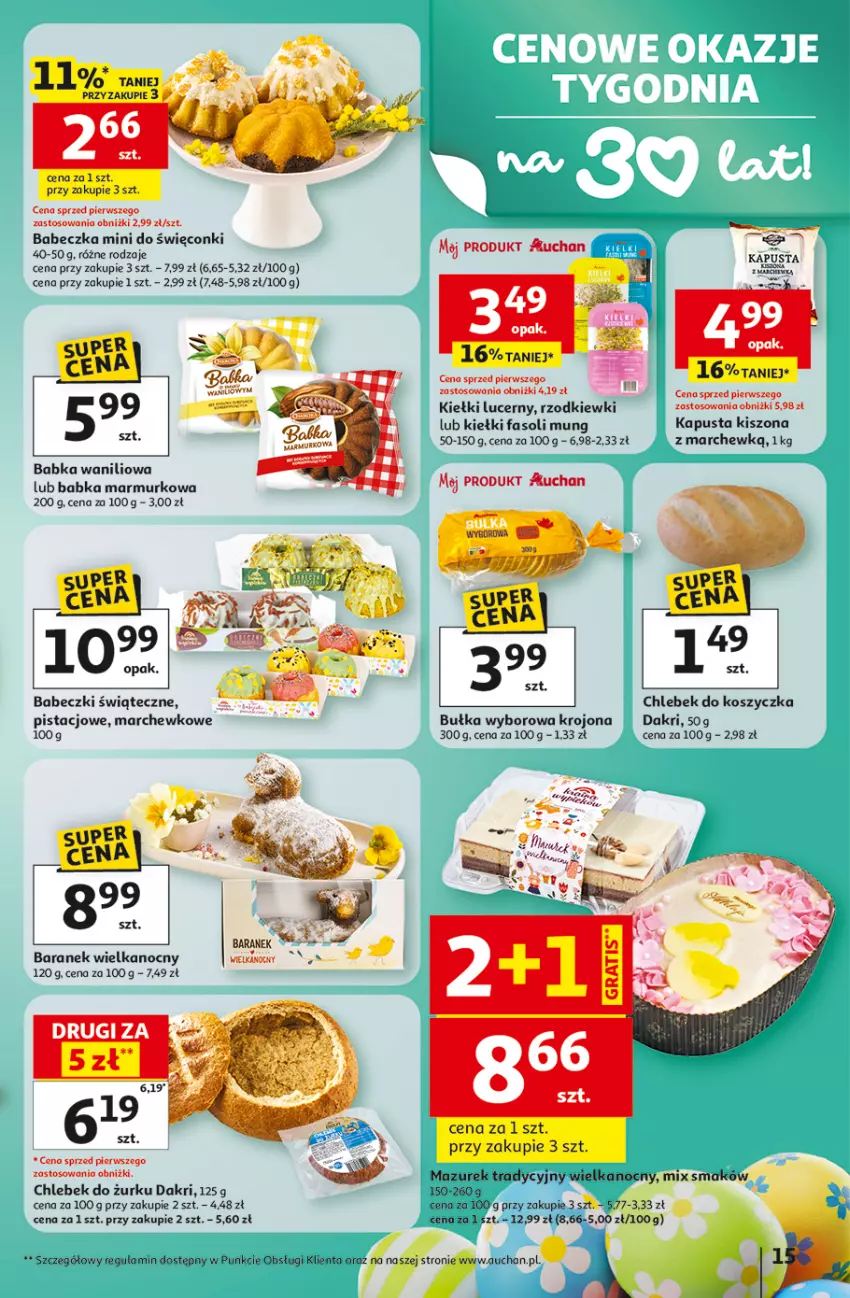 Gazetka promocyjna Auchan - 30 Lat Hipermarket - ważna 26.03 do 30.03.2026 - strona 15 - produkty: Babeczki, Babka, Bułka, Chleb, Fa, Fasoli mung, Kiełki, Kosz, Ser, Wyborowa