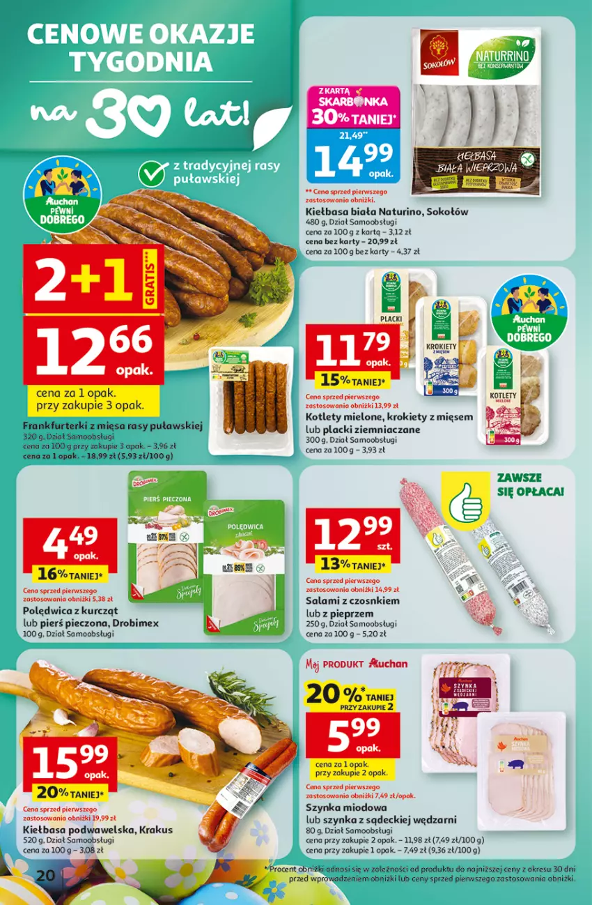 Gazetka promocyjna Auchan - 30 Lat Hipermarket - ważna 26.03 do 30.03.2026 - strona 20 - produkty: Drobimex, Frankfurterki, Kiełbasa, Kiełbasa biała, Kiełbasa podwawelska, Kotlet, Krakus, Krokiety, Lack, Piec, Pieprz, Polędwica, Salami, Sok, Sokołów, Szynka, Wawel