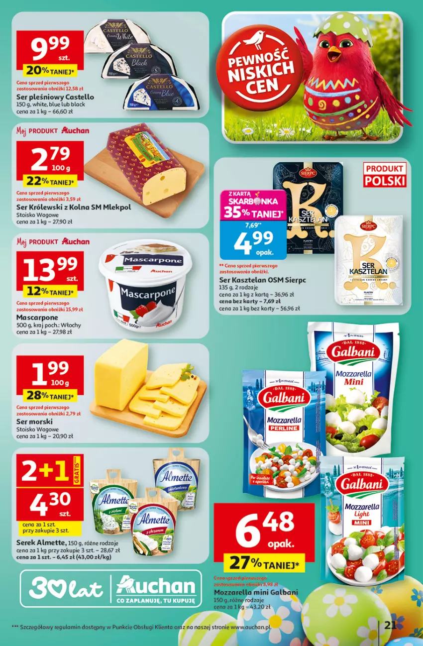 Gazetka promocyjna Auchan - 30 Lat Hipermarket - ważna 26.03 do 30.03.2026 - strona 21 - produkty: Almette, Galbani, Kasztelan, Królewski, Lack, Mozzarella, Ser, Ser Kasztelan, Ser pleśniowy, Serek
