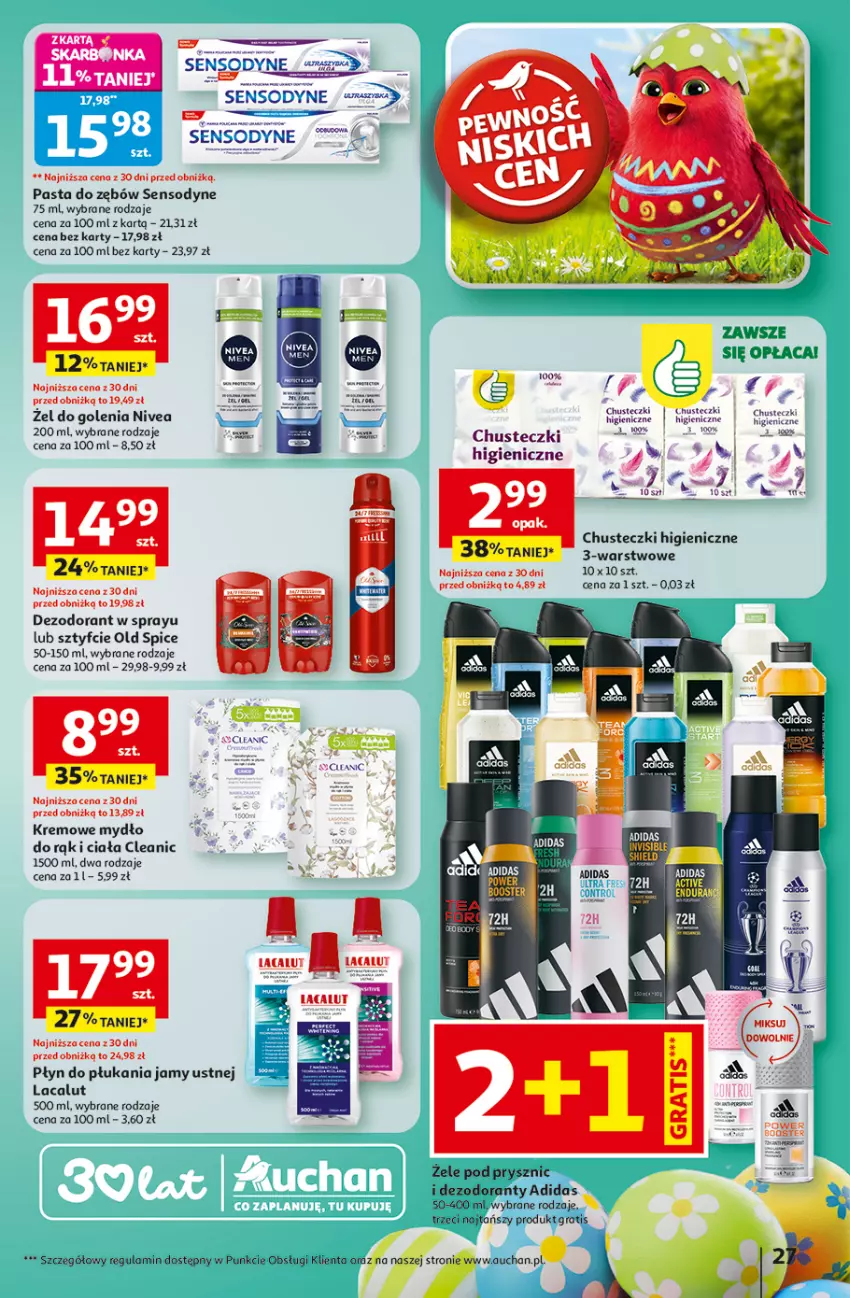 Gazetka promocyjna Auchan - 30 Lat Hipermarket - ważna 26.03 do 30.03.2026 - strona 27 - produkty: Adidas, Booster, Chusteczki, Cleanic, Dezodorant, Gra, Lacalut, Mydło, Nivea, Old Spice, Pasta do zębów, Płyn do płukania, Płyn do płukania jamy ustnej, Sensodyne