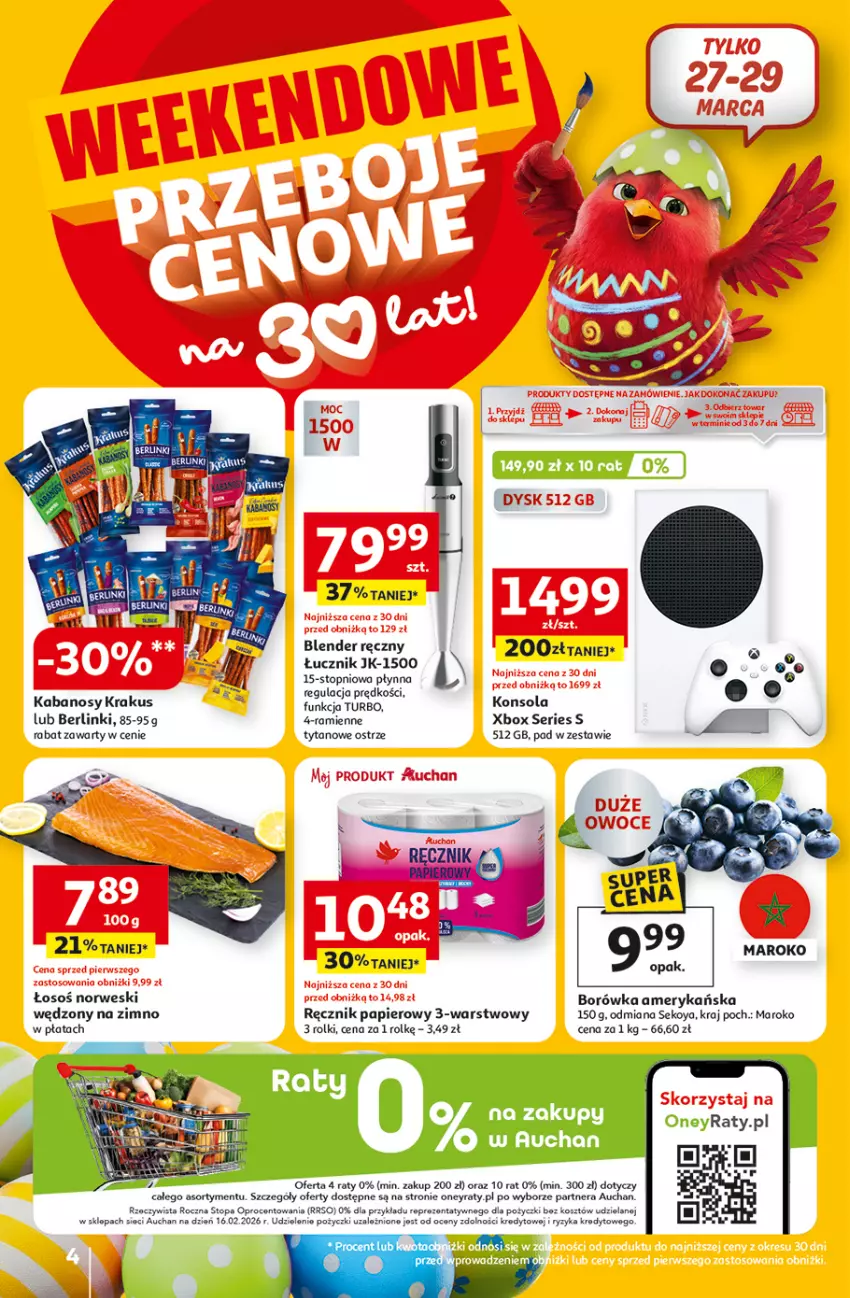 Gazetka promocyjna Auchan - 30 Lat Hipermarket - ważna 26.03 do 30.03.2026 - strona 4 - produkty: Berlinki, Blender, Blender ręczny, Borówka, Borówka amerykańska, Kabanos, Konsola, Kosz, Krakus, Papier, Ręcznik, Rolki, SEKO, Ser, Top, Tran, Tytan, Xbox