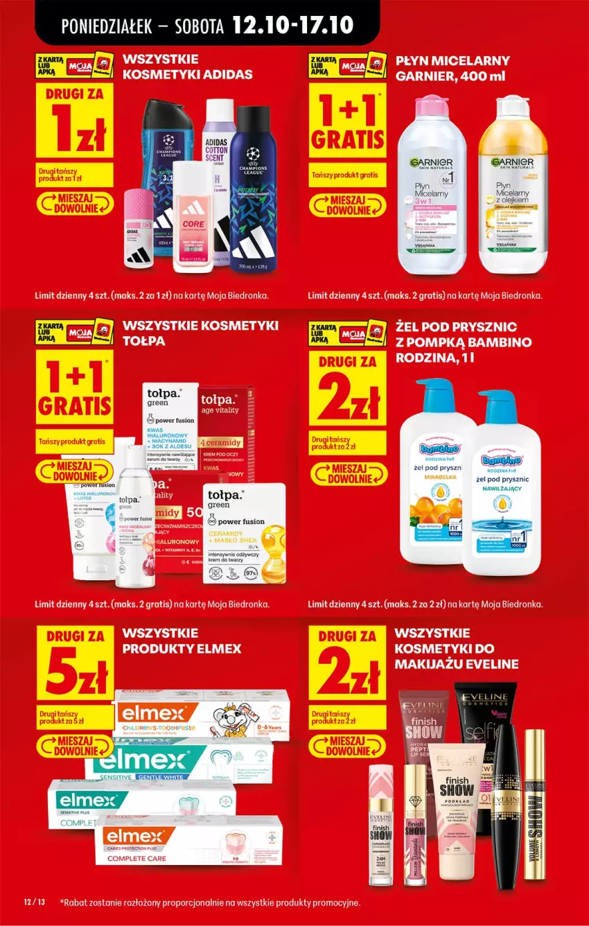 Gazetka promocyjna Biedronka - Od Poniedziałku - ważna 12.10 do 17.10.2026 - strona 12 - produkty: Adidas, Elmex, Eveline, Gra, Makijaż, Masło, Płyn micelarny, Por, Tołpa