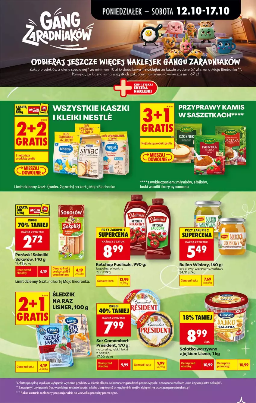 Gazetka promocyjna Biedronka - Od Poniedziałku - ważna 12.10 do 17.10.2026 - strona 27 - produkty: Bazyl, Bulion, Camembert, Fa, Gra, Kamis, Ketchup, Lion, Lisner, Mięta, Mus, Parówki, Parówki sokoliki, Przyprawy, Pudliszki, Sałat, Sałatka, Ser, Sinlac, Sok, Sokołów, Winiary