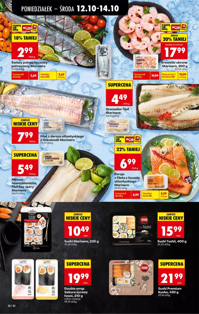 Gazetka promocyjna Biedronka - Od Poniedziałku - ważna 12.10 do 17.10.2026 - strona 32 - produkty: Dorsz, Filet z dorsza atlantyckiego, Grenadier, Krewetki, Miruna, Por, Pstrąg, Pstrąg tęczowy, Sos, Sushi