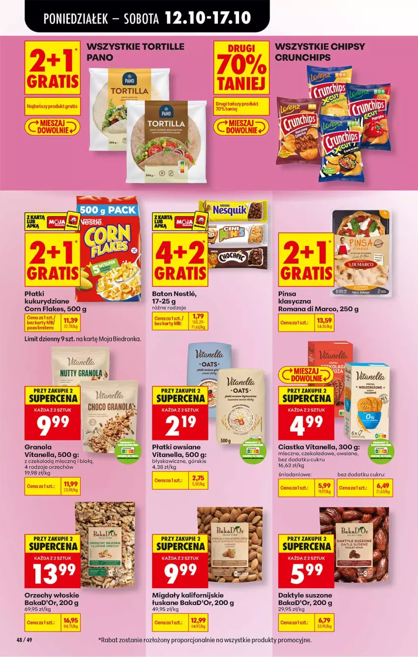 Gazetka promocyjna Biedronka - Od Poniedziałku - ważna 12.10 do 17.10.2026 - strona 48 - produkty: Baton, Chipsy, Ciastka, Corn flakes, Crunchips, Daktyle, Danio, Fa, Gra, Granola, Migdały, Orzechy włoskie, Płatki owsiane, Por, Tortilla