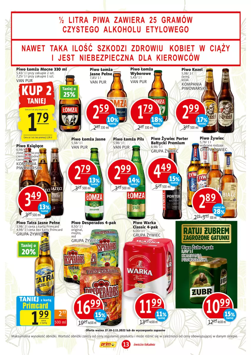 Gazetka promocyjna Prim Market - ważna 27.10 do 02.11.2022 - strona 13 - produkty: Desperados, Kozel, Piwo, Por, Pur, Sok, Tatra, Warka