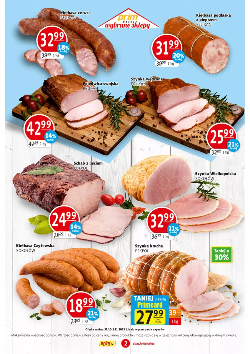 Gazetka promocyjna Prim Market - ważna 27.10 do 02.11.2022 - strona 2 - produkty: Kiełbasa, Pekpol, Pieprz, Polędwica, Sok, Sokołów, Szynka