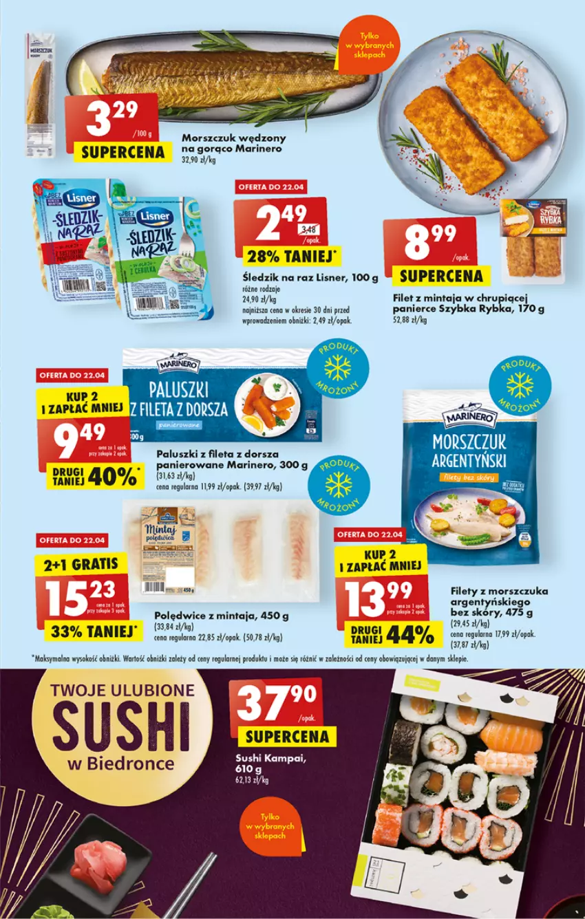 Gazetka promocyjna Biedronka - ważna 20.04 do 26.04.2023 - strona 25 - produkty: Dorsz, Filet z mintaja, Gra, Lisner, Mintaj, Sok, Sushi