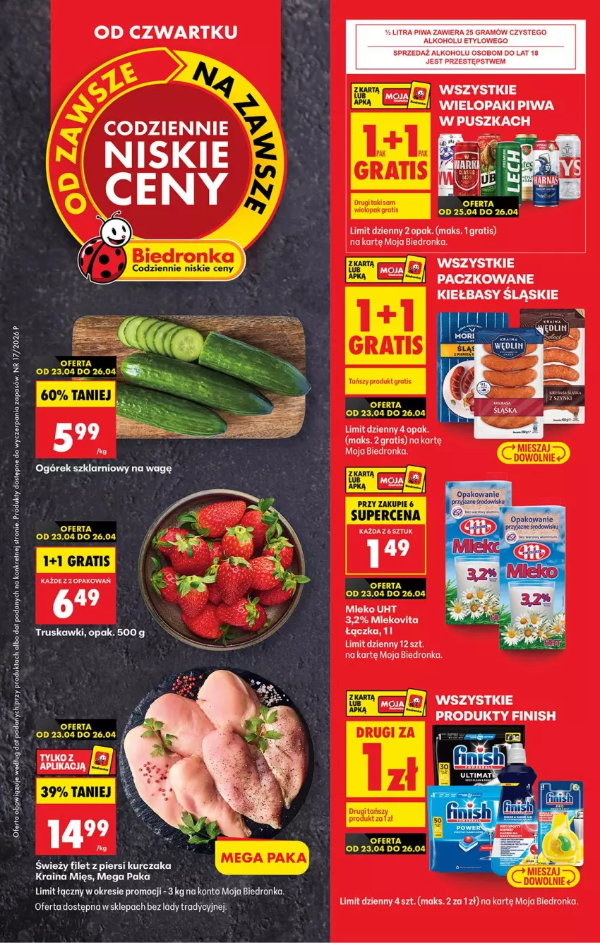 Gazetka promocyjna Biedronka - Od Czwartku - ważna 23.04 do 29.04.2026 - strona 1 - produkty: Filet z piersi kurczaka, Finish, Gra, Kret, Kurczak, Mleko, Mlekovita, Piwa, Truskawki