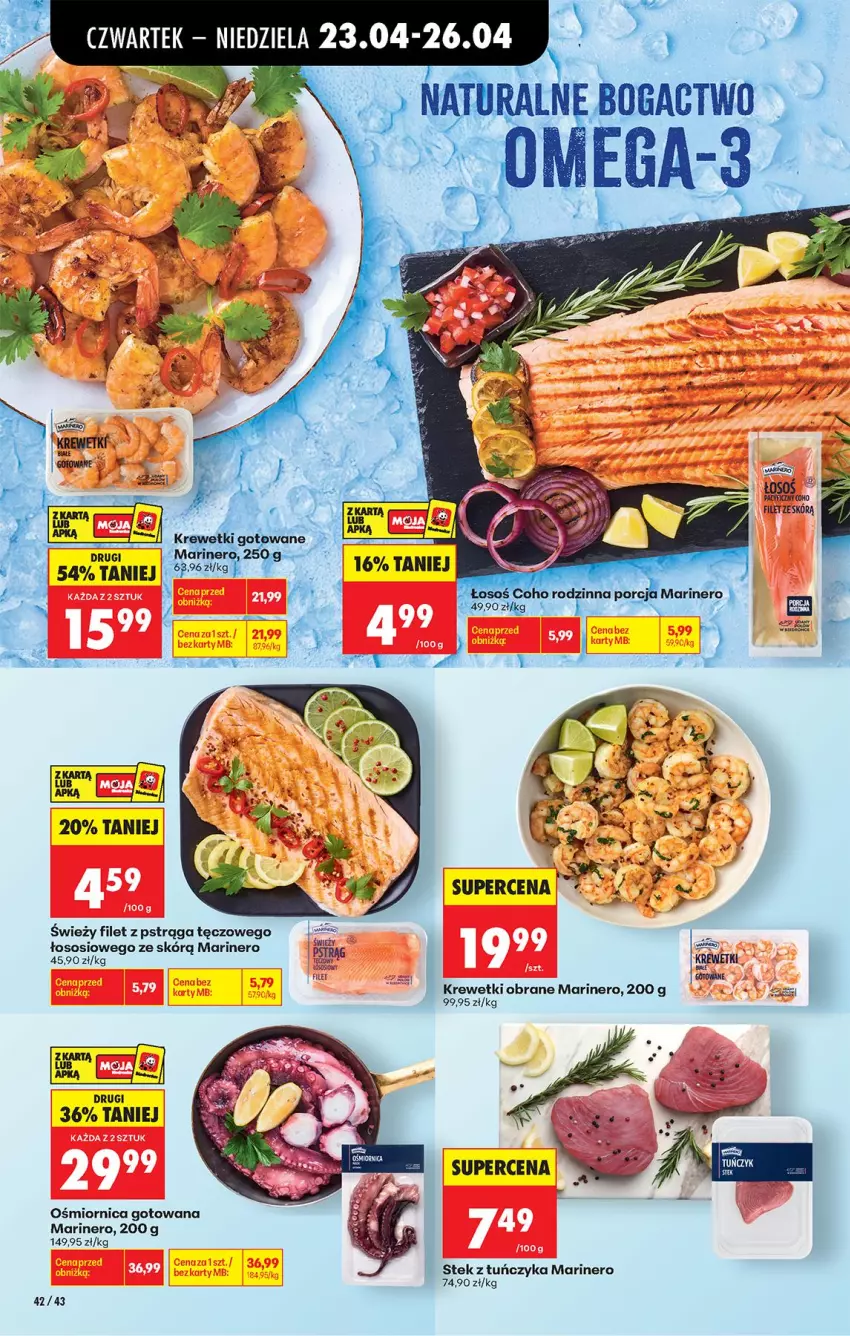 Gazetka promocyjna Biedronka - Od Czwartku - ważna 23.04 do 29.04.2026 - strona 56 - produkty: Filet z pstrąga, Krewetki, Por, Pstrąg, Sos, Stek, Tuńczyk