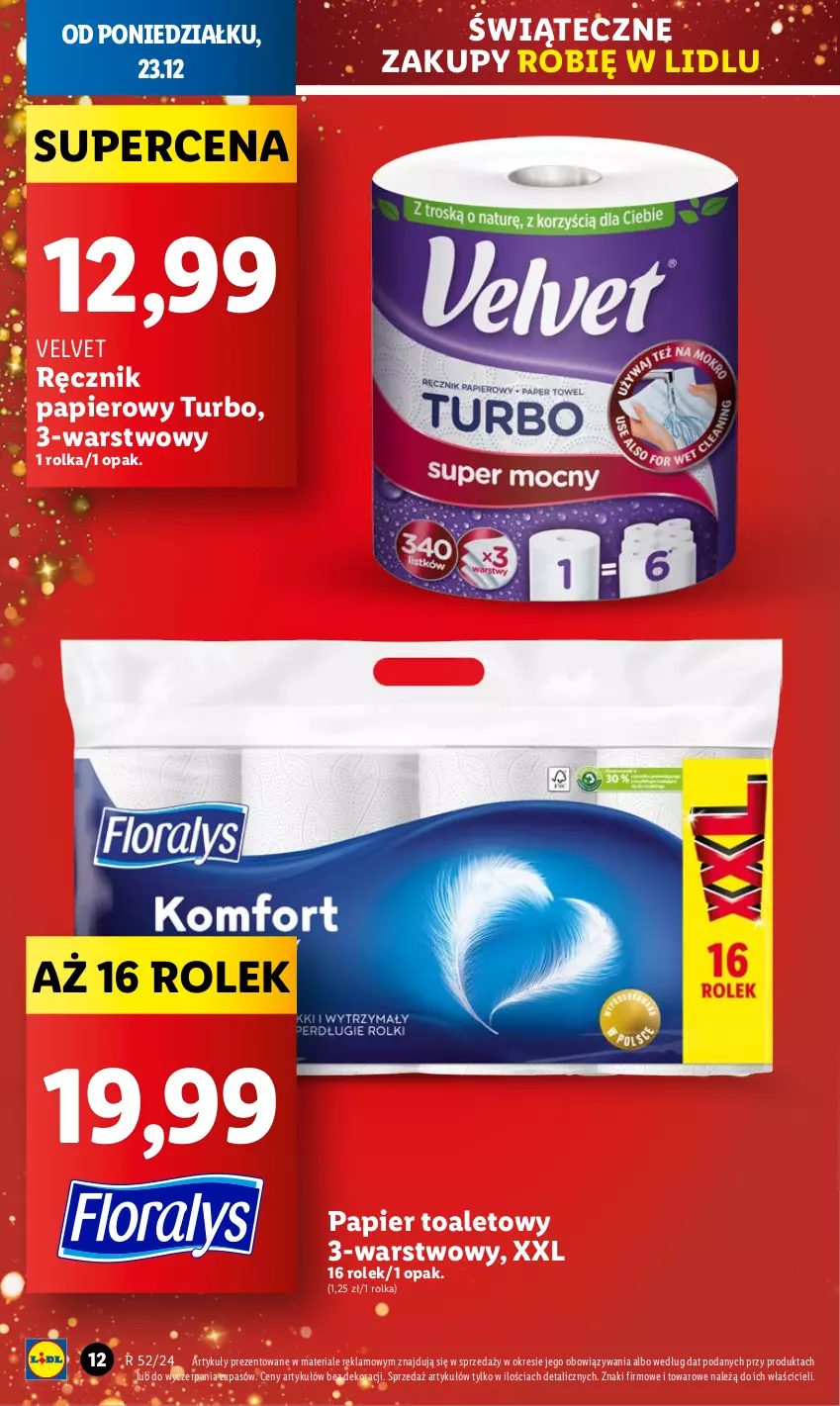 Gazetka promocyjna Lidl - GAZETKA - ważna 23.12 do 24.12.2024 - strona 12 - produkty: Papier, Papier toaletowy, Ręcznik, Velvet