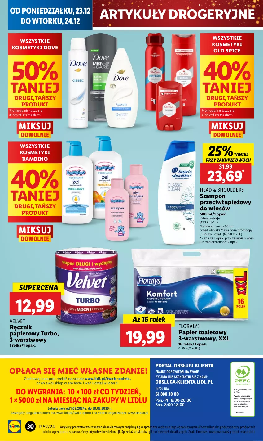 Gazetka promocyjna Lidl - GAZETKA - ważna 23.12 do 24.12.2024 - strona 38 - produkty: Dove, Flora, Gra, Mola, Old Spice, Papier, Papier toaletowy, Ręcznik, Szampon, Velvet