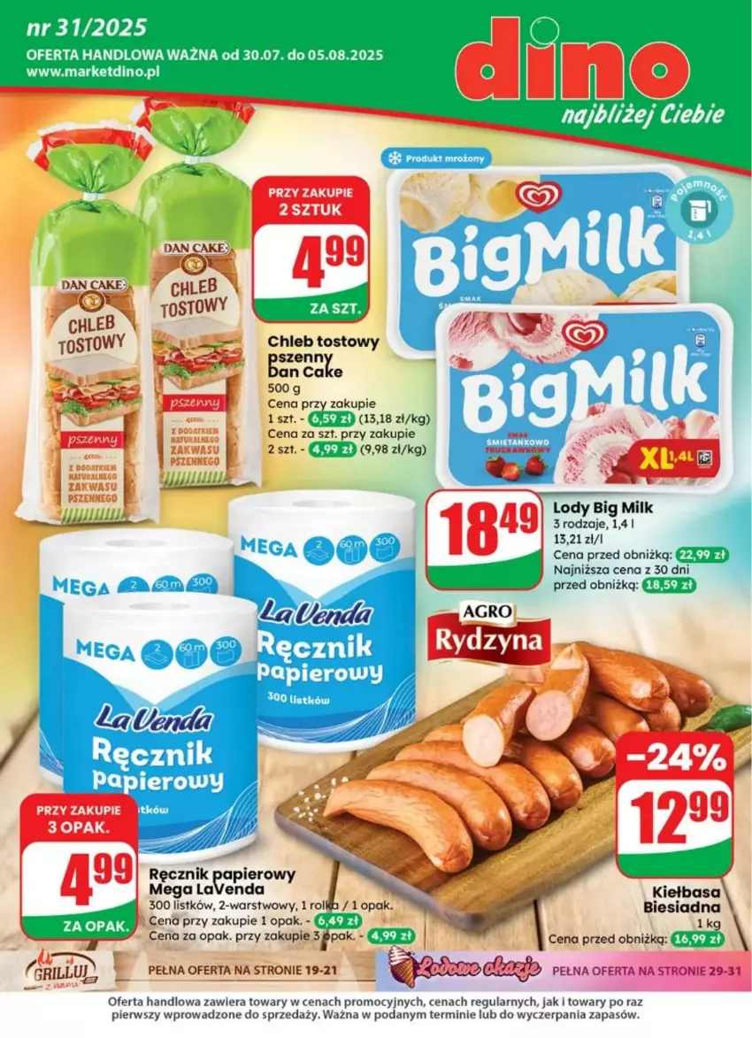 Gazetka promocyjna Dino - ważna 30.07 do 05.08.2025 - strona 1 - produkty: Big Milk, Chleb, Chleb tostowy, Kiełbasa, Kiełbasa biesiadna, Lody, Papier, Ręcznik