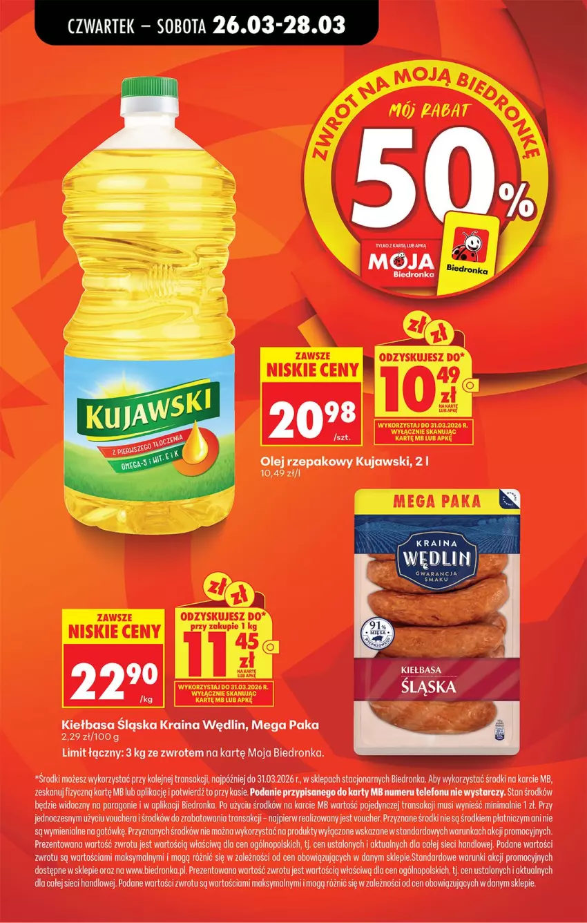 Gazetka promocyjna Biedronka - Od Czwartku - ważna 26.03 do 01.04.2026 - strona 14 - produkty: Kiełbasa, Kiełbasa śląska, Kujawski, Mus, Olej, Olej rzepakowy, Telefon, Tran