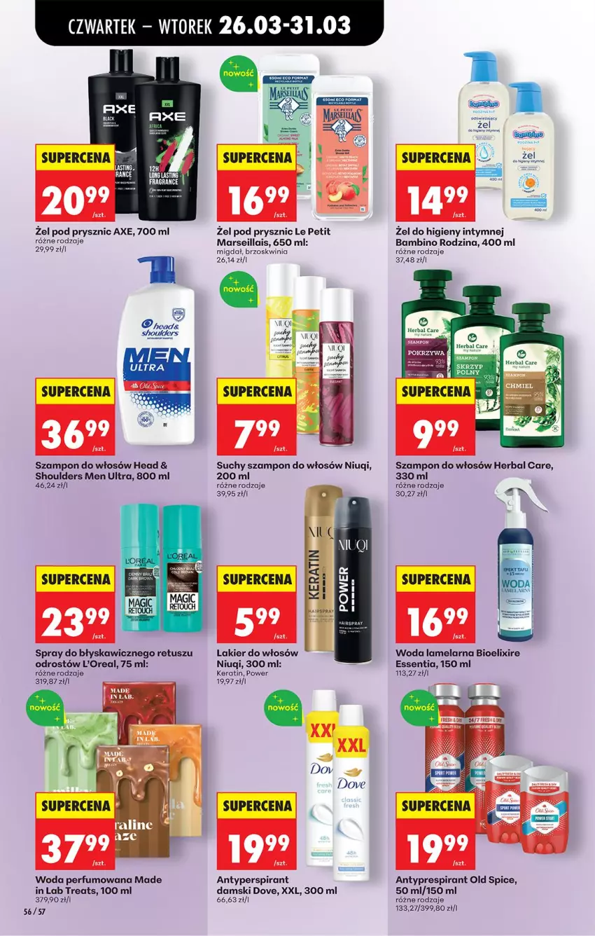 Gazetka promocyjna Biedronka - Od Czwartku - ważna 26.03 do 01.04.2026 - strona 70 - produkty: Dove, Fa, Lakier, Lakier do włosów, LG, Mars, Niuqi, Old Spice, Perfum, Suchy szampon, Szampon, Tusz, Woda, Woda perfumowana