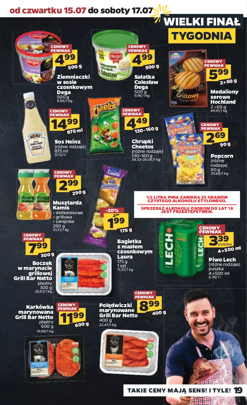 Gazetka promocyjna Netto - Gazetka spożywcza - ważna 12.07 do 17.07.2021 - strona 19 - produkty: Bagietka, Boczek, Cheetos, Chrupki, Dega, Gra, Grill, Heinz, Hochland, Kamis, Laur, Lion, Mus, Musztarda, Piwa, Piwo, Popcorn, Sałat, Sałatka, Ser, Sos