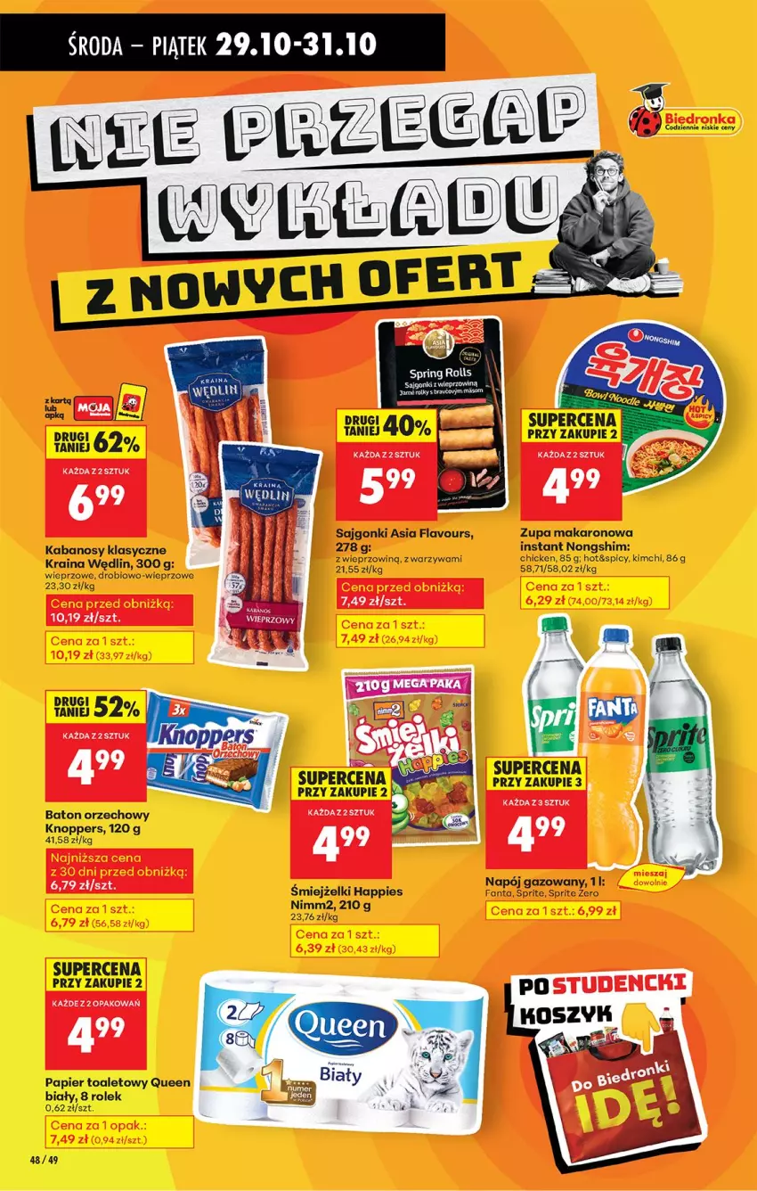Gazetka promocyjna Biedronka - Od Środy - ważna 29.10 do 30.10.2025 - strona 60 - produkty: Baton, Kabanos, Knoppers, Makaron, Napój, Napój gazowany, Nimm2, Papier, Papier toaletowy, Sajgonki, Sprite, Warzywa, Zupa